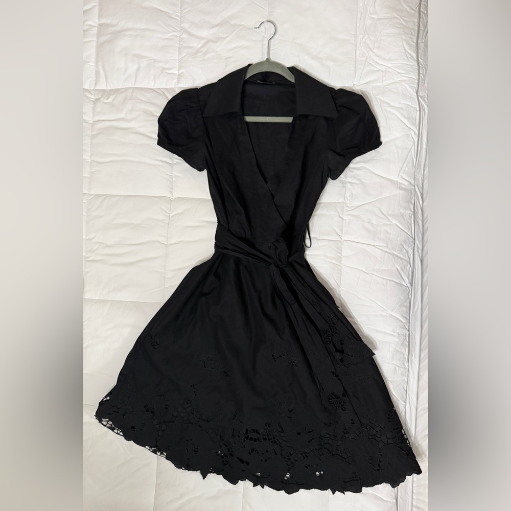 BCBGMaxAzria Black Puff Sleeve Wrap Dress with Eyelet Hem